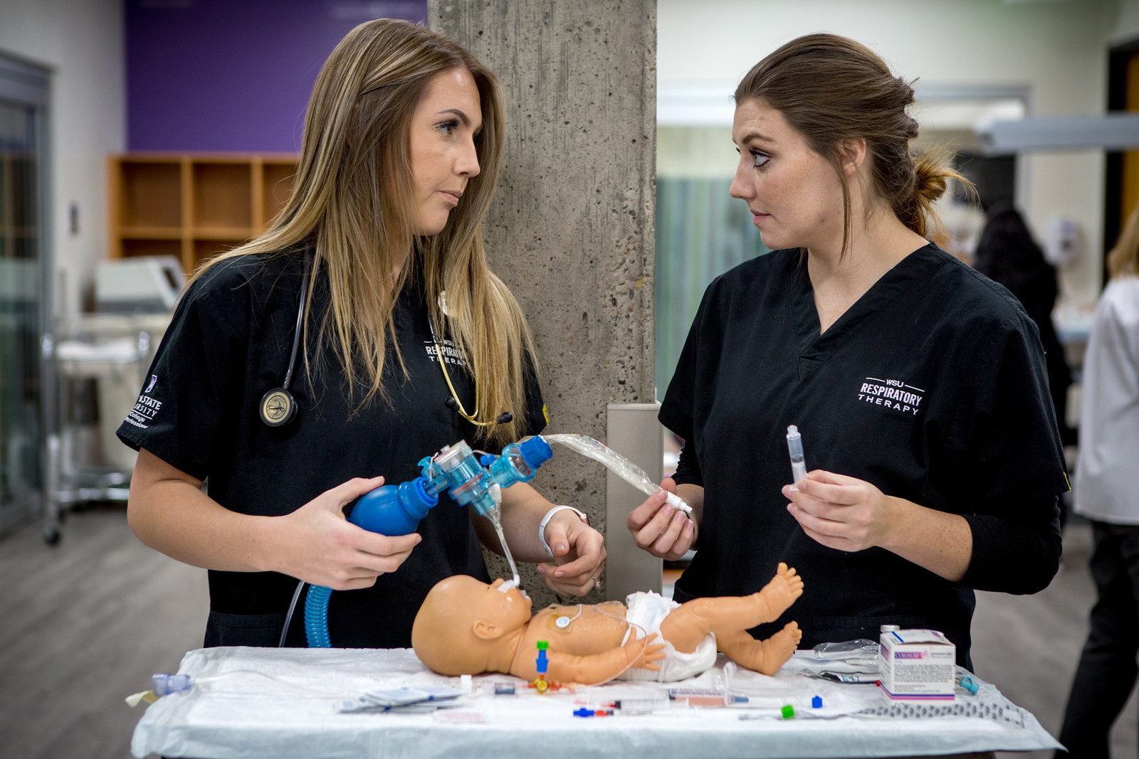 Respiratory therapy students in the pedaitrics lab on Nov. 21, 2018.